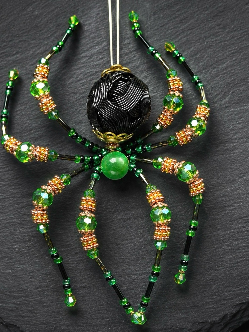 Artisan Made | Green Jade |  Black Crystal Beaded Spider | Halloween Ornament